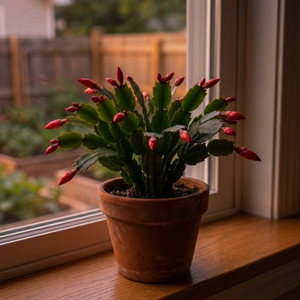 Christmas cactus with several unopened buds on the tips of its segments near a window at dusk