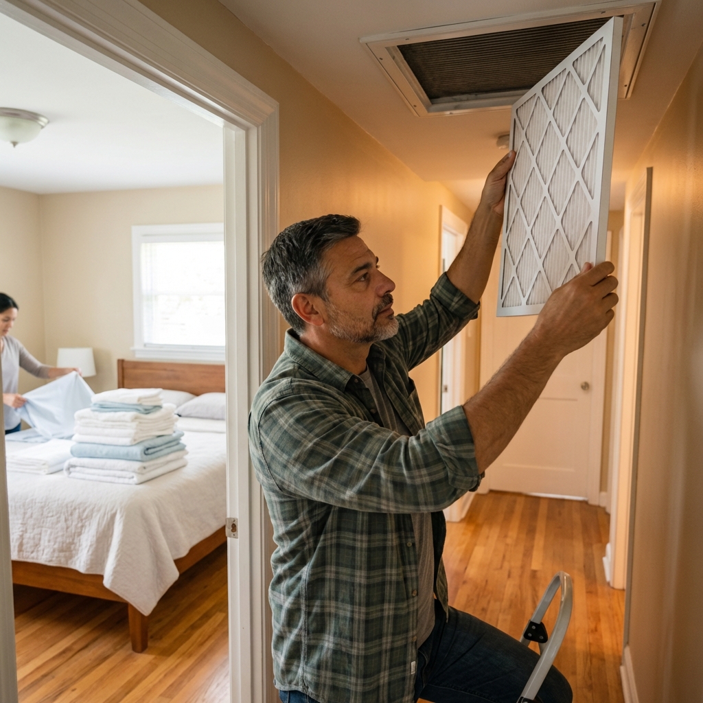 Clean bedding folded on a bed while a person replaces an HVAC air filter in a hallway return vent