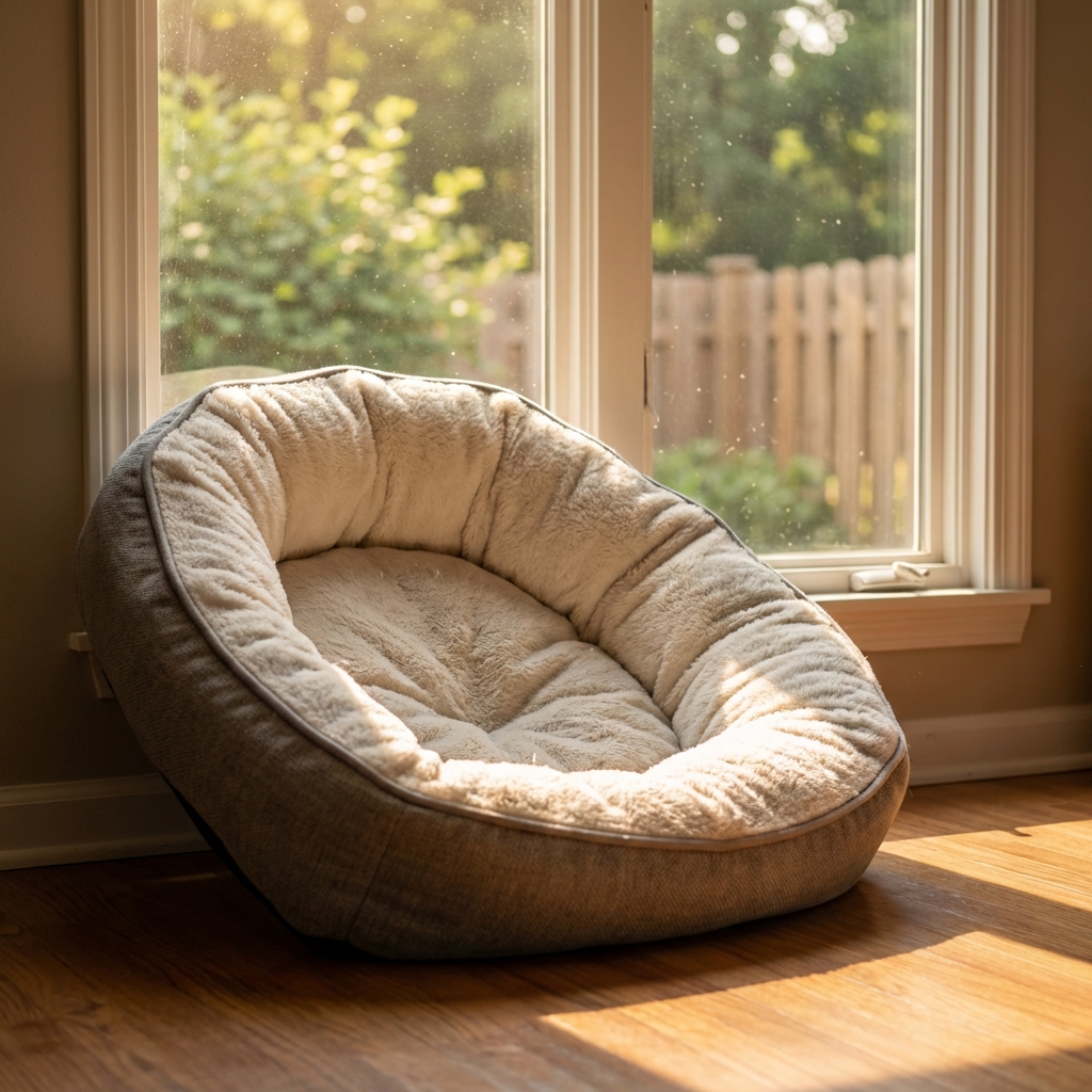 Clean pet bed drying near a sunny window