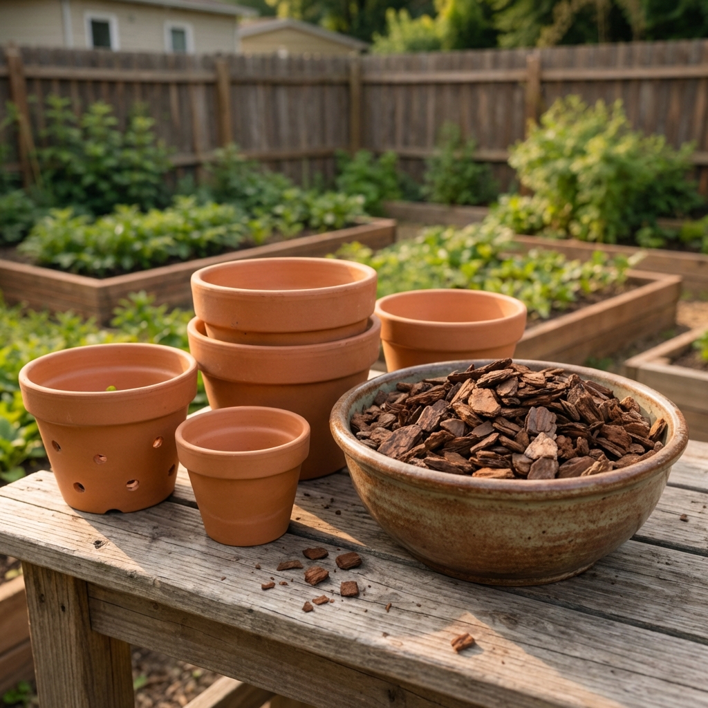 Cleaned terracotta orchid pots and a bowl of chunky bark mix on a potting bench