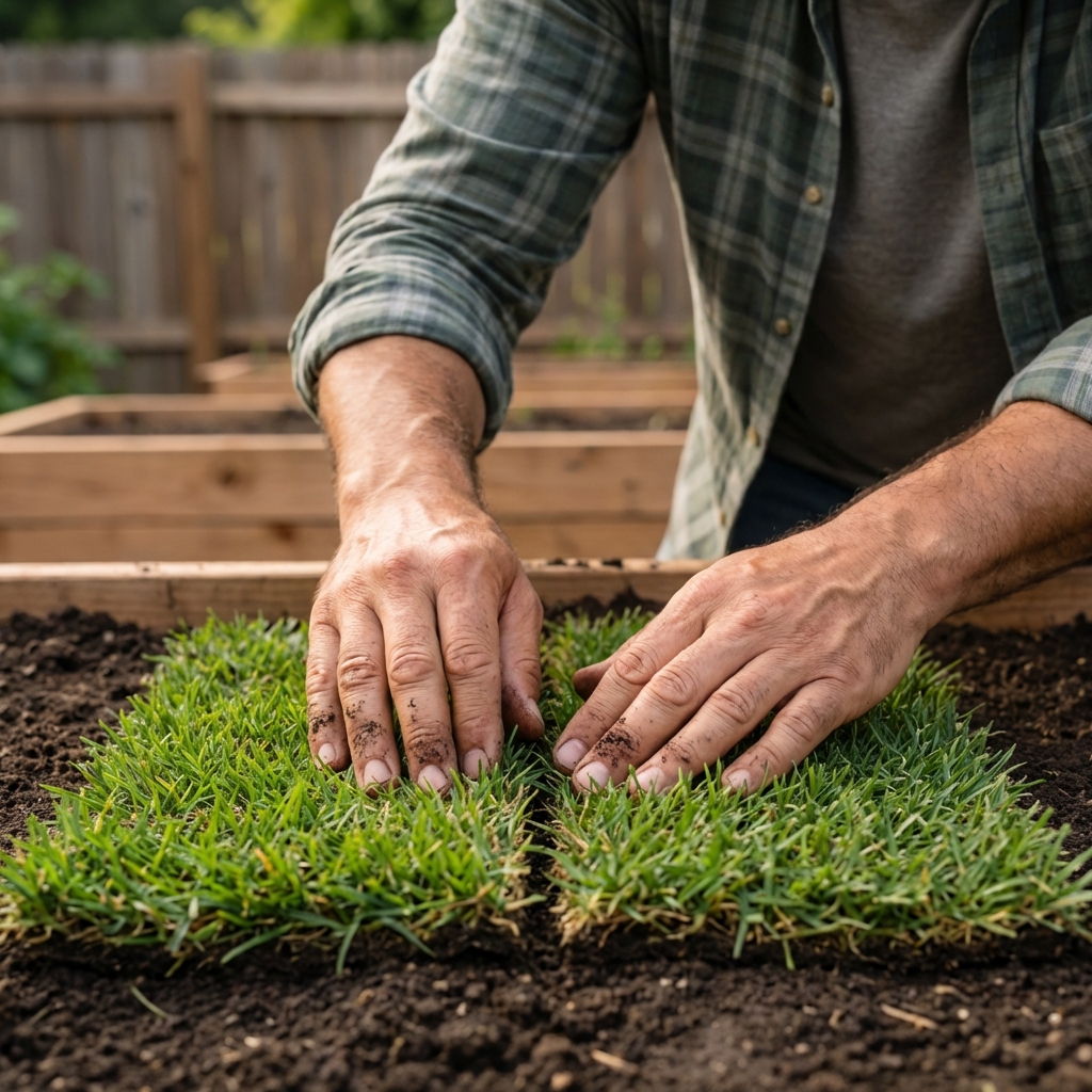 Close-up of hands fitting two sod pieces tightly together along a seam