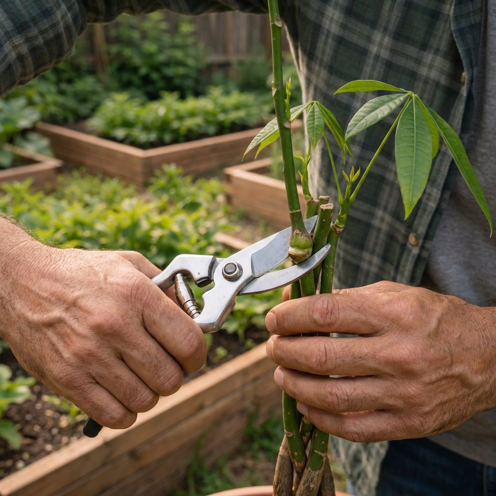 Close-up of hands using clean pruners to trim a money tree stem above a leaf node