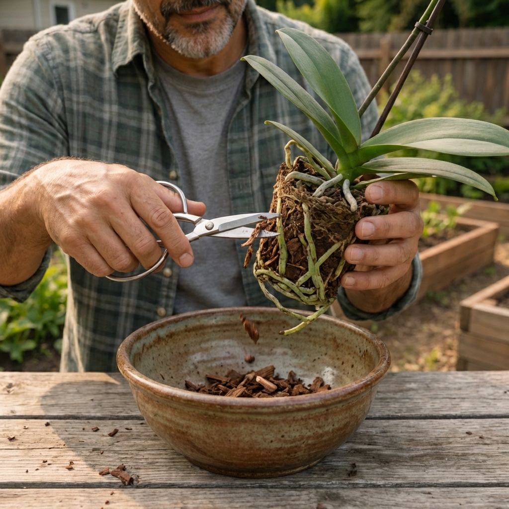 Close-up of orchid roots being trimmed with clean scissors over a bowl