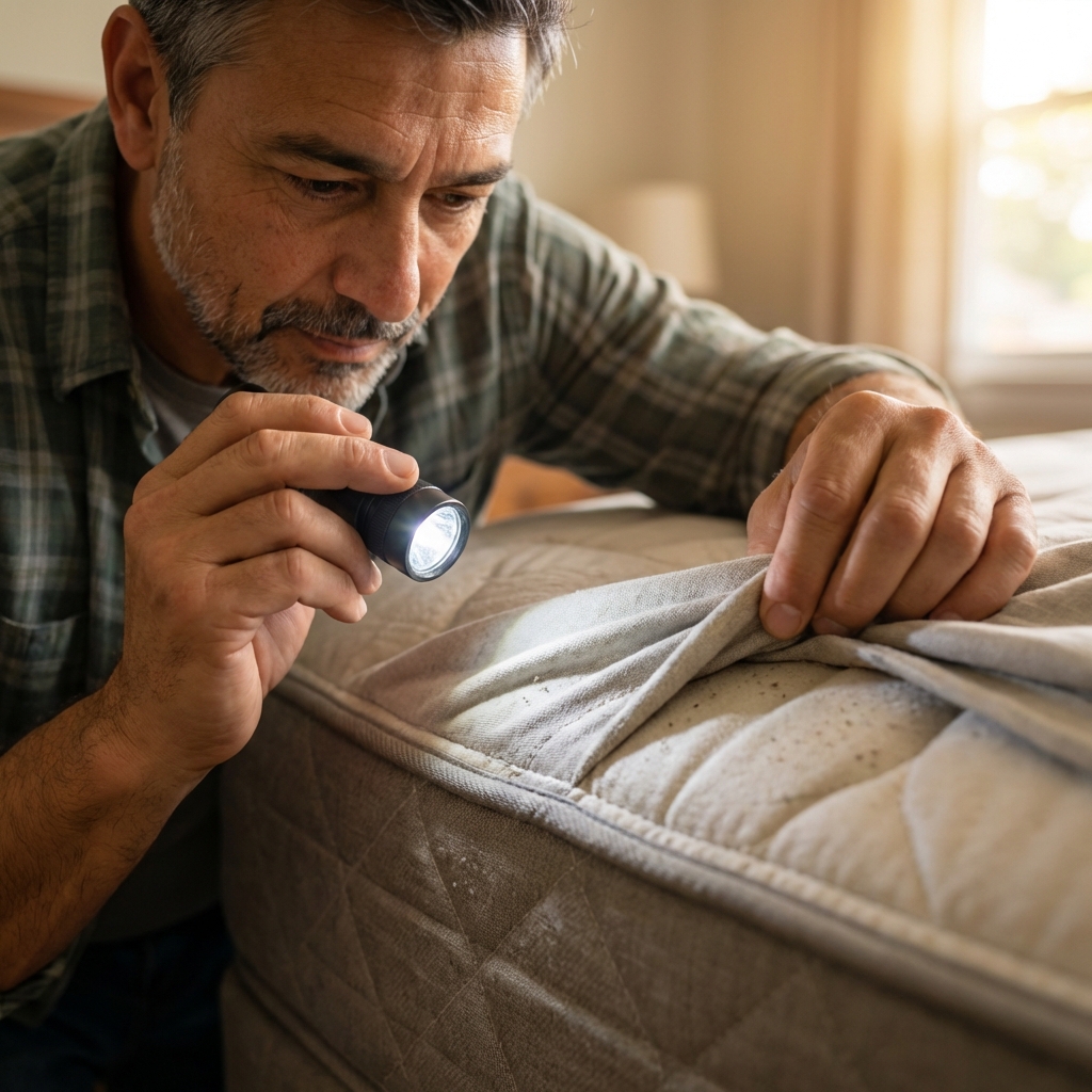 Close-up photo of a mattress seam being examined with a flashlight