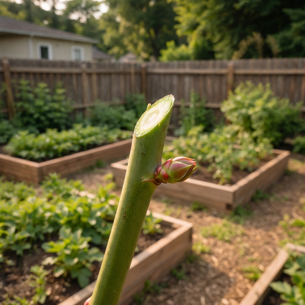 Close-up photo of a rose cane showing a fresh angled pruning cut made just above an outward-facing bud