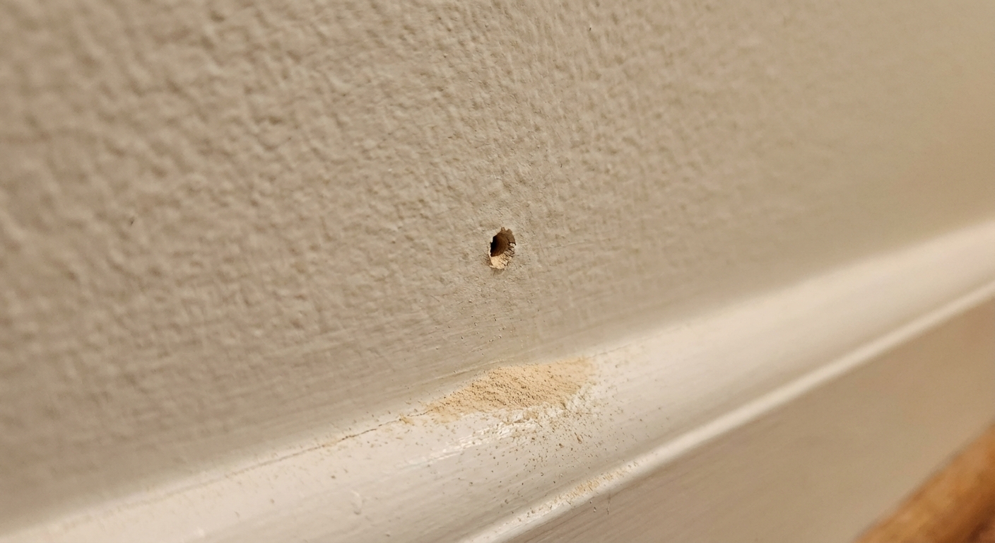 Close-up photo of a small pinpoint hole in painted drywall above a baseboard with a faint dusting of tan powder beneath it, indoor lighting, sharp focus