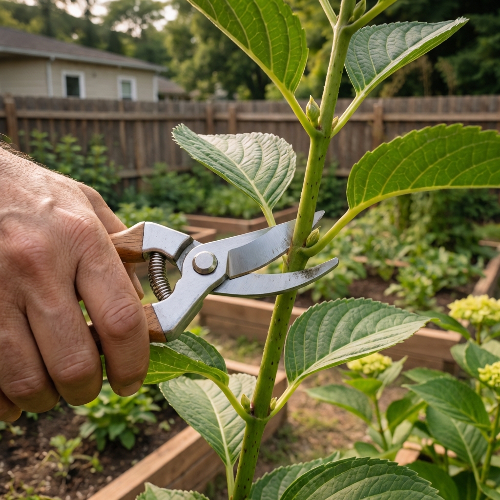 Close-up photo of clean pruning shears cutting a hydrangea stem just above a leaf node in a garden