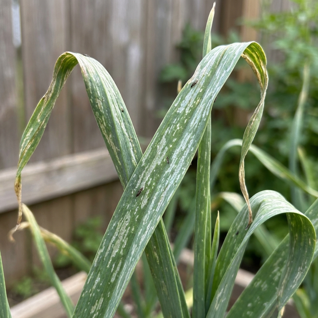 Close-up photo of garlic leaves showing pale silvery streaks and slight curling from thrips feeding