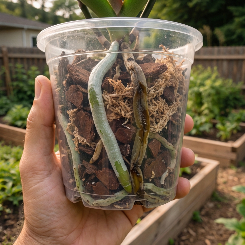 Close-up photo of orchid roots showing one firm silvery-green root and one brown mushy root inside a clear plastic pot