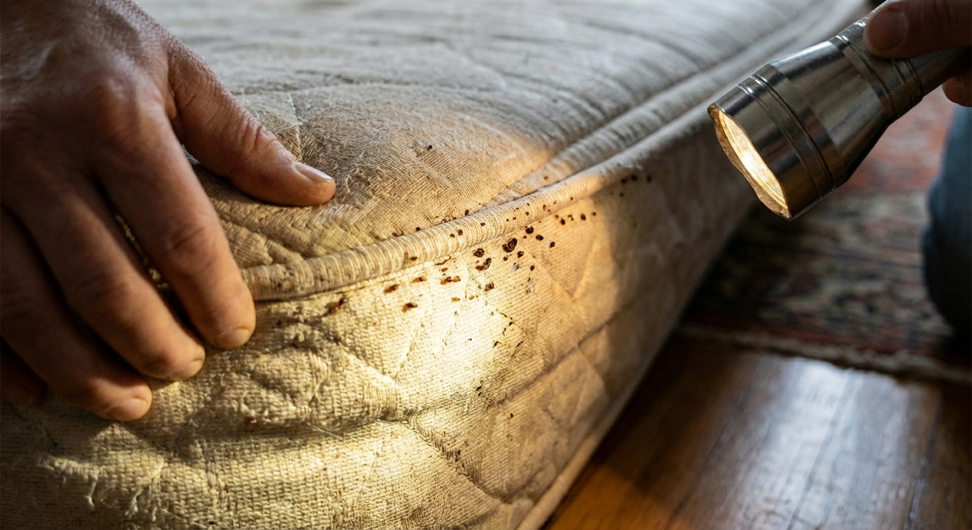 Close-up photo of small dark spotting along a mattress seam near the corner