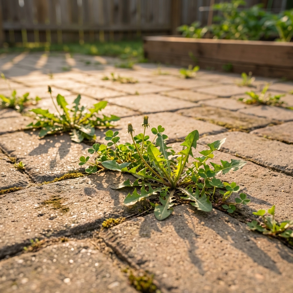 Close-up photo of small weeds growing between brick pavers in a backyard walkway