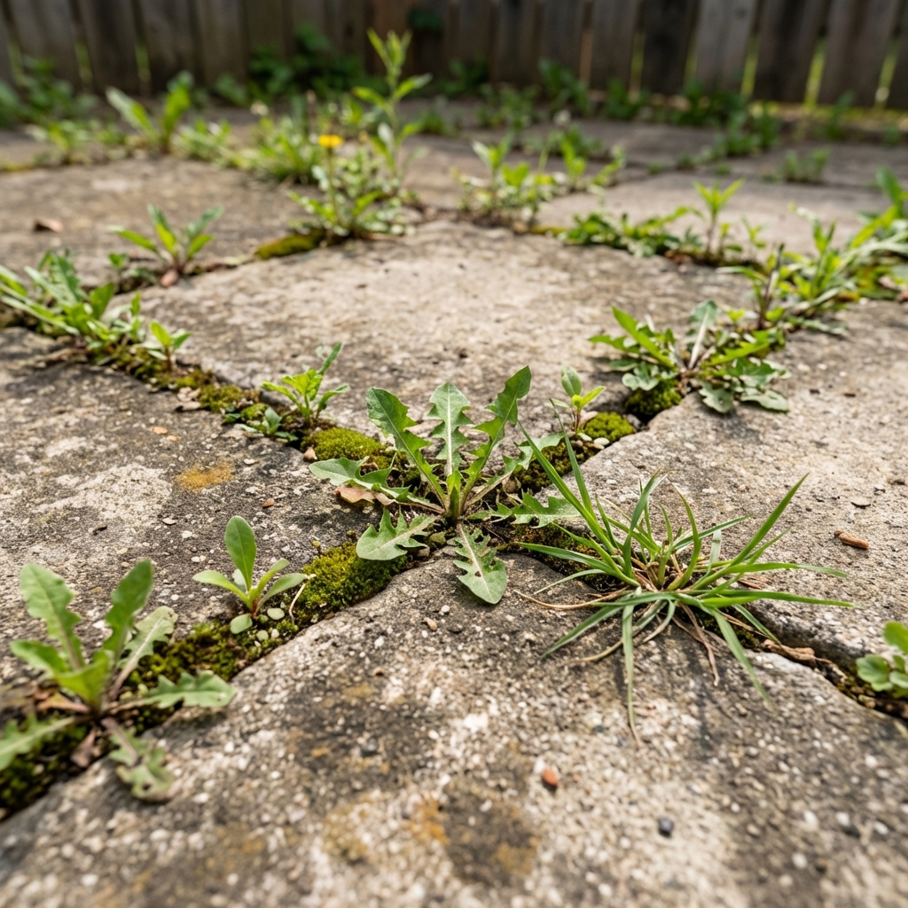 Close-up photograph of small green weeds growing in cracks between concrete slabs