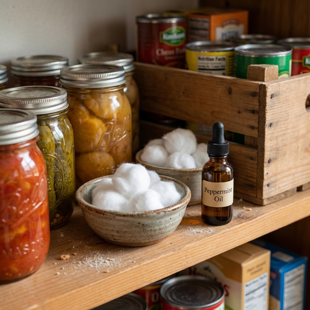 Cotton balls in small ceramic dishes placed behind a pantry shelf with a bottle of peppermint oil nearby