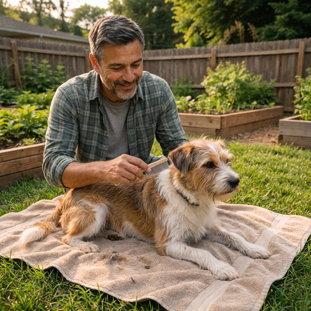 Dog being brushed with a flea comb on a towel