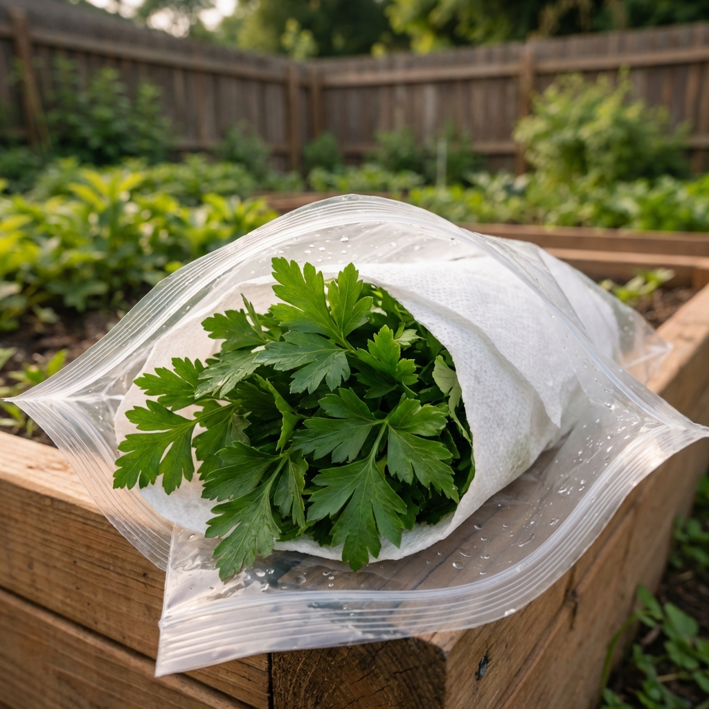 Flat-leaf parsley wrapped in a paper towel and placed inside a partially open resealable bag