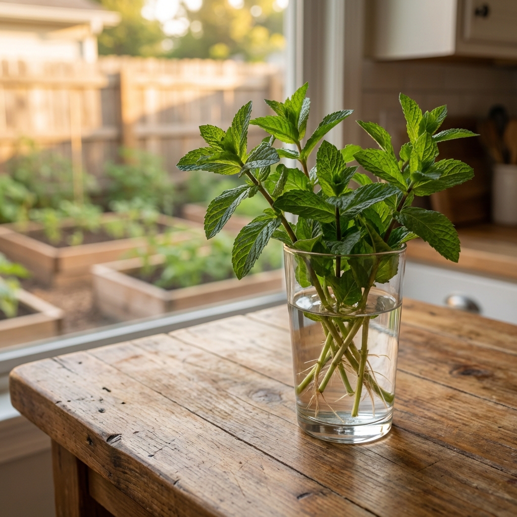 Fresh mint cuttings standing upright in a clear drinking glass filled with water on a kitchen counter