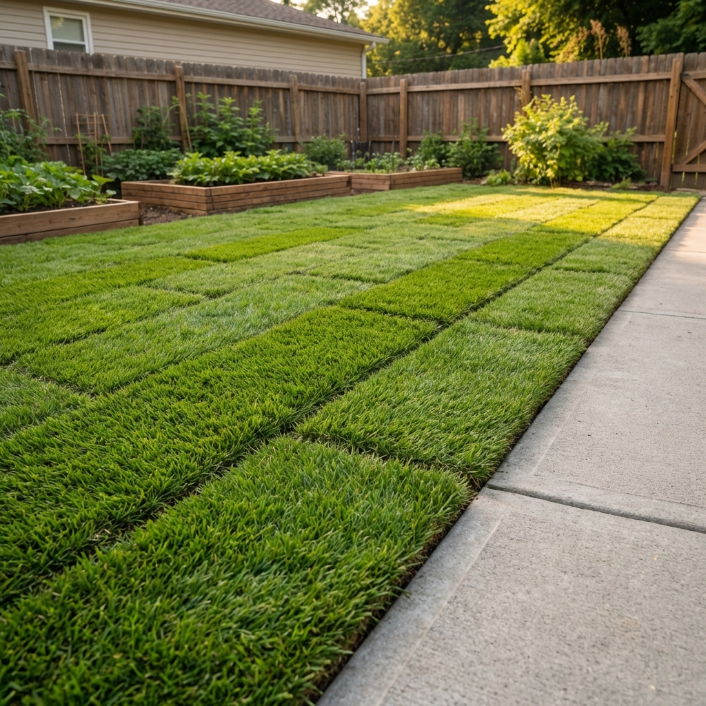 Fresh sod being laid in staggered rows with tight seams along a concrete walkway
