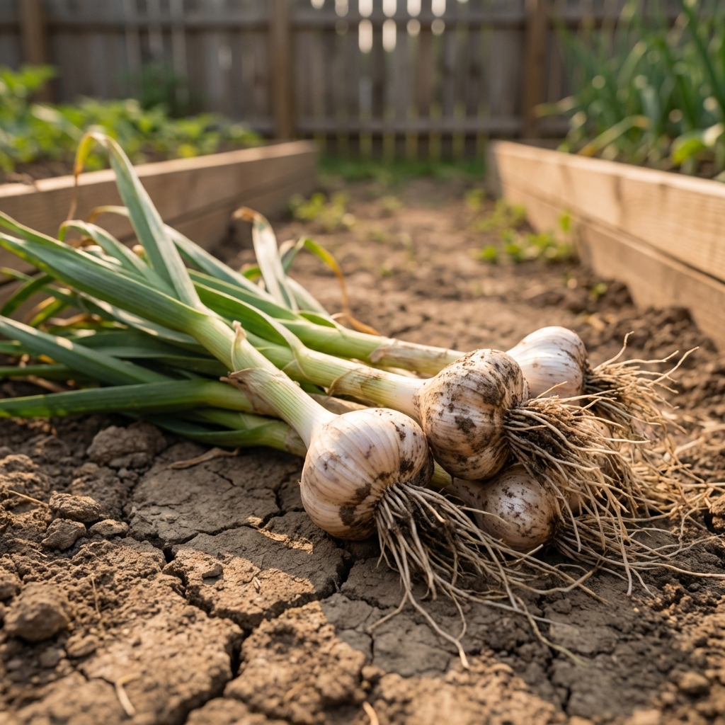 Freshly harvested garlic bulbs with stems and roots still attached resting on dry soil