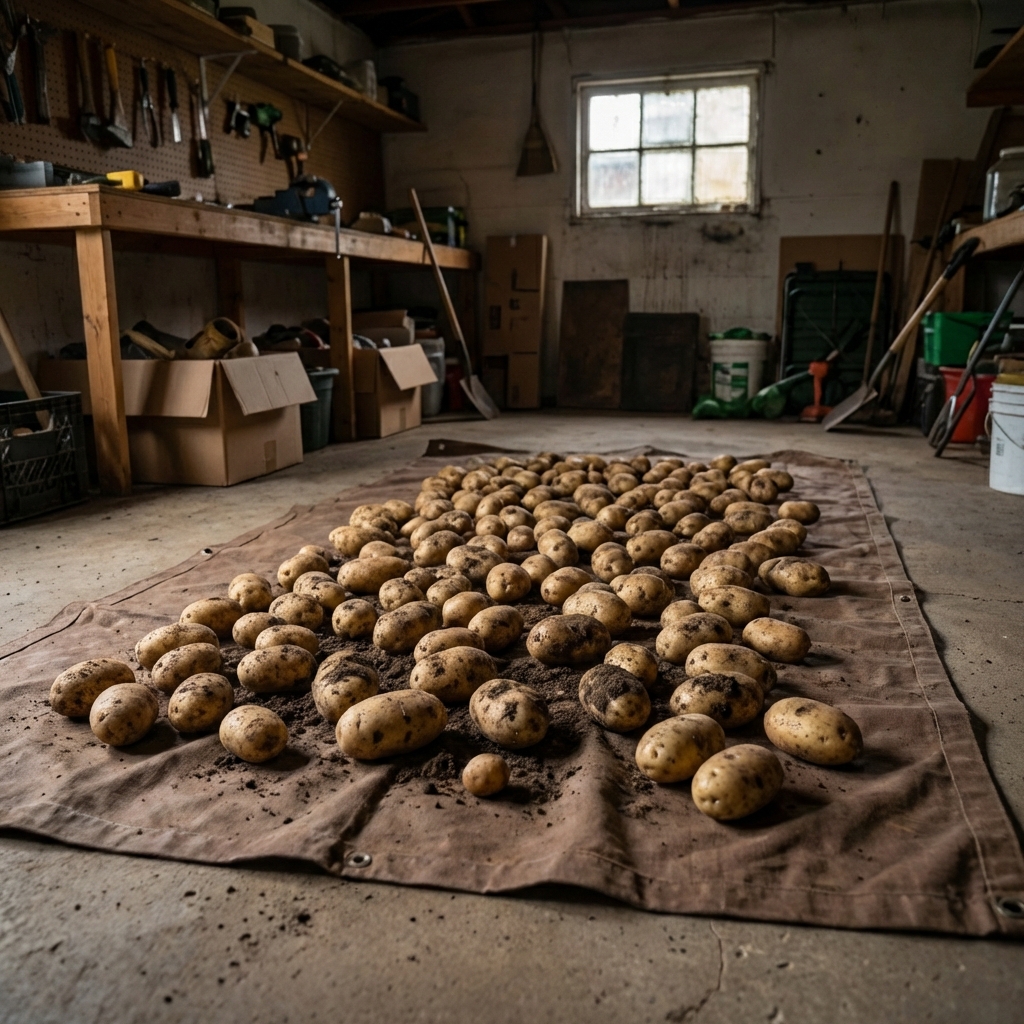 Freshly harvested unwashed potatoes spread in a single layer on a tarp in a dim garage