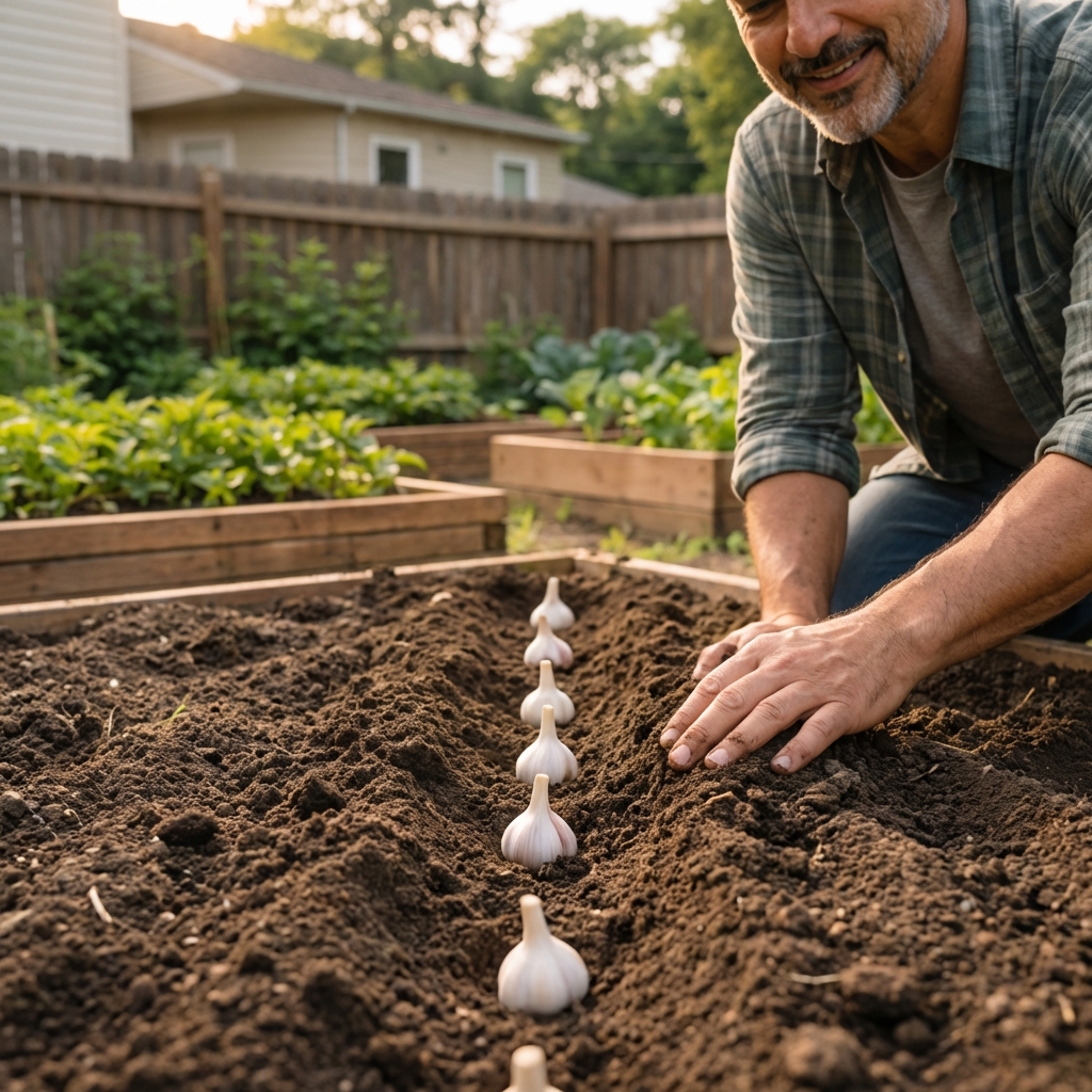 Freshly planted garlic cloves set pointy side up in a garden row with loose soil