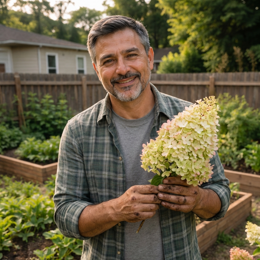 Gardener holding a cone-shaped panicle hydrangea bloom in a backyard garden