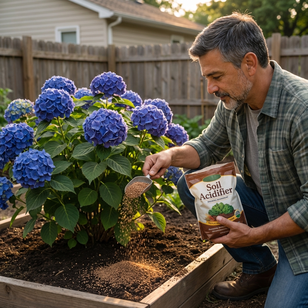 Gardener sprinkling soil amendment granules around a hydrangea with blue blooms