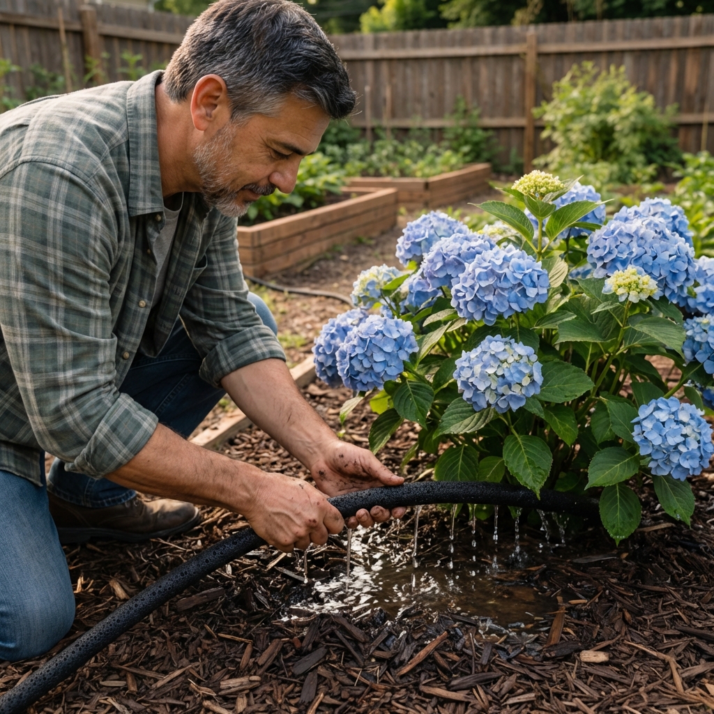 Gardener watering the base of a hydrangea with a soaker hose in a mulched bed