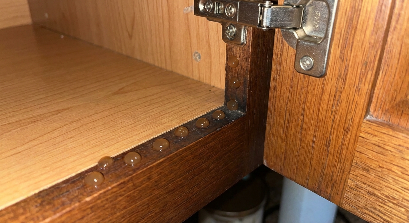 Gel bait dots placed along the inside corner of a kitchen cabinet near a hinge