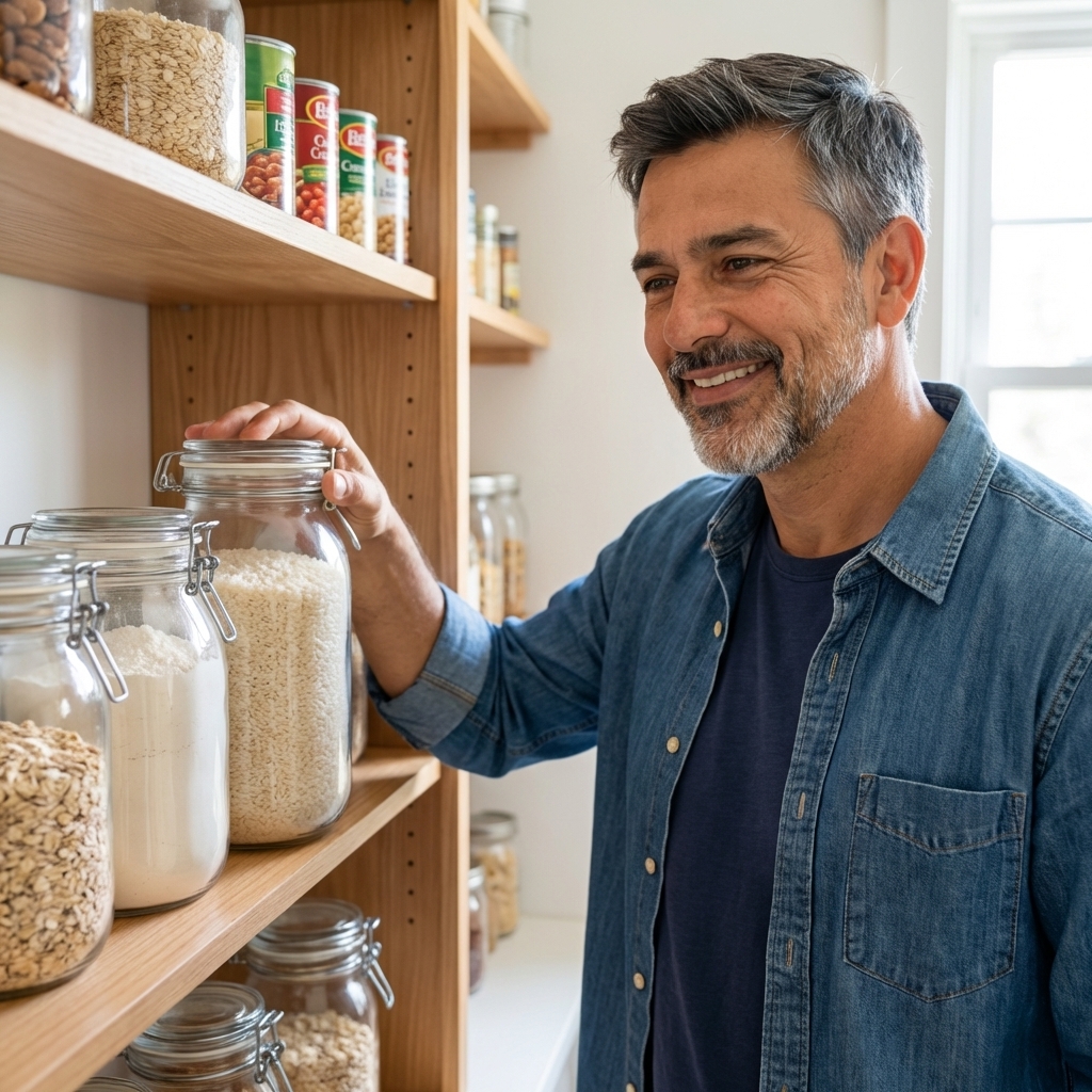Glass jars with airtight lids filled with rice, flour, and oats on a pantry shelf