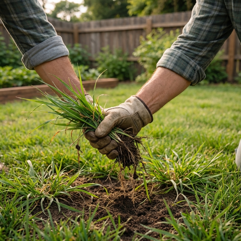 Gloved hand pulling a crabgrass clump from moist lawn soil