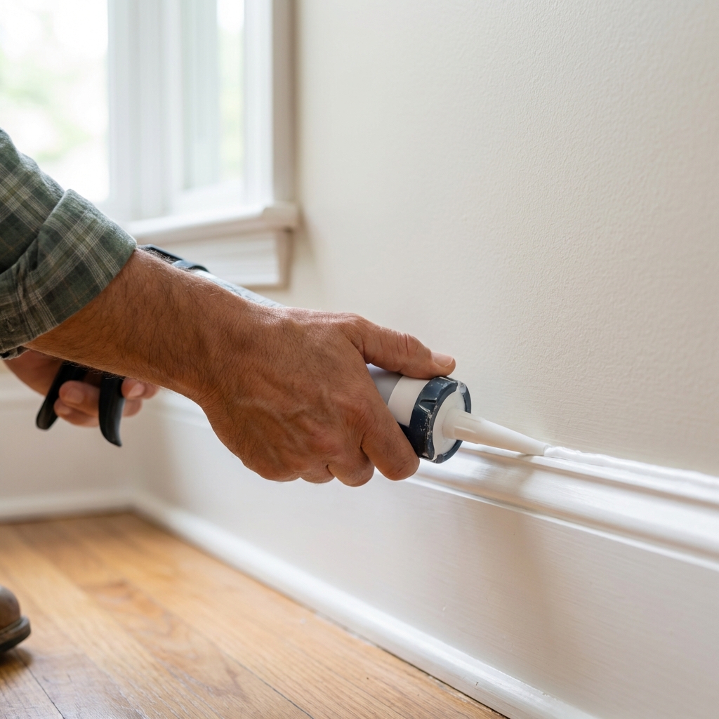 Hand applying white caulk along a gap where a kitchen baseboard meets the wall