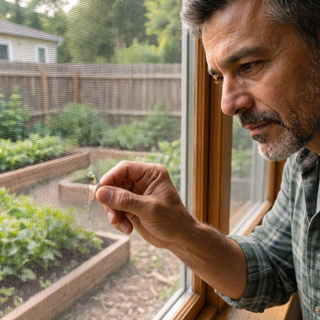Hand checking a window screen for a small tear in daylight