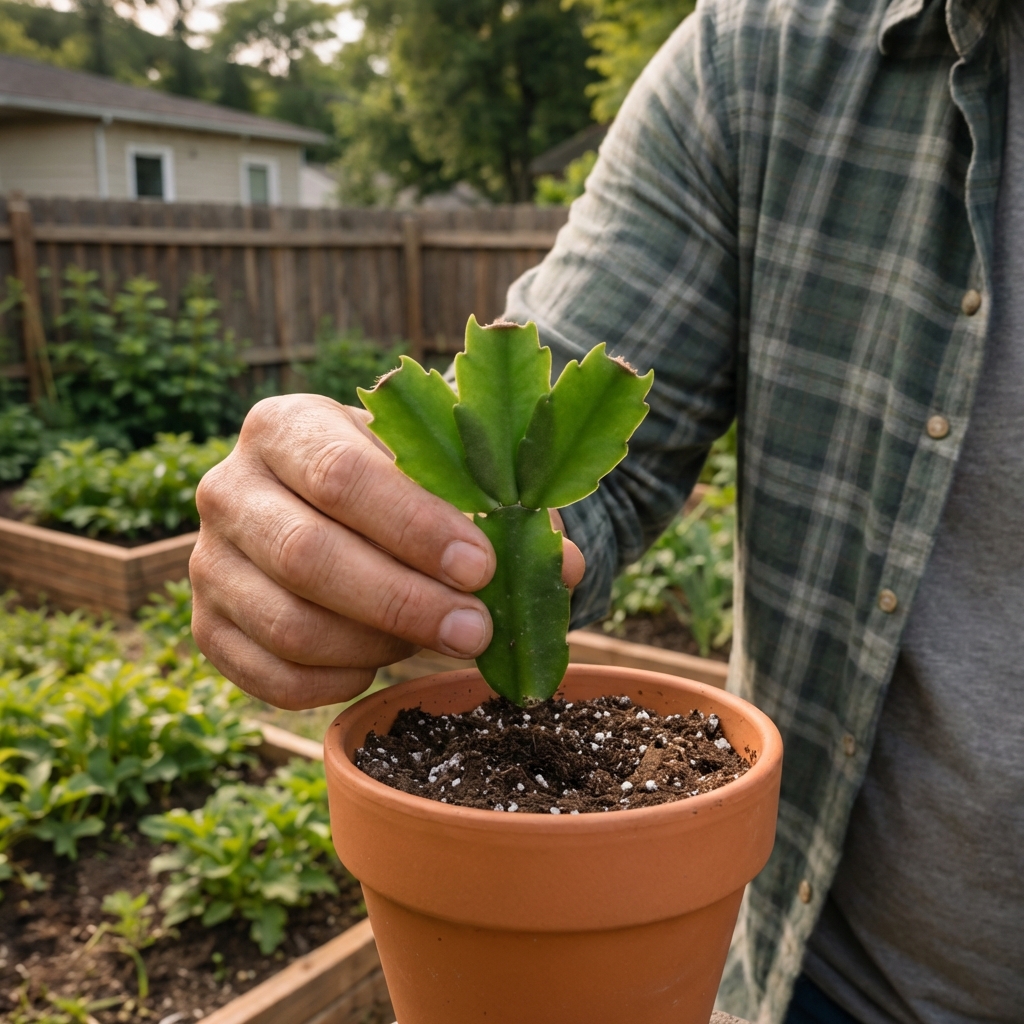 Hand holding a small Christmas cactus cutting with three segments above a pot