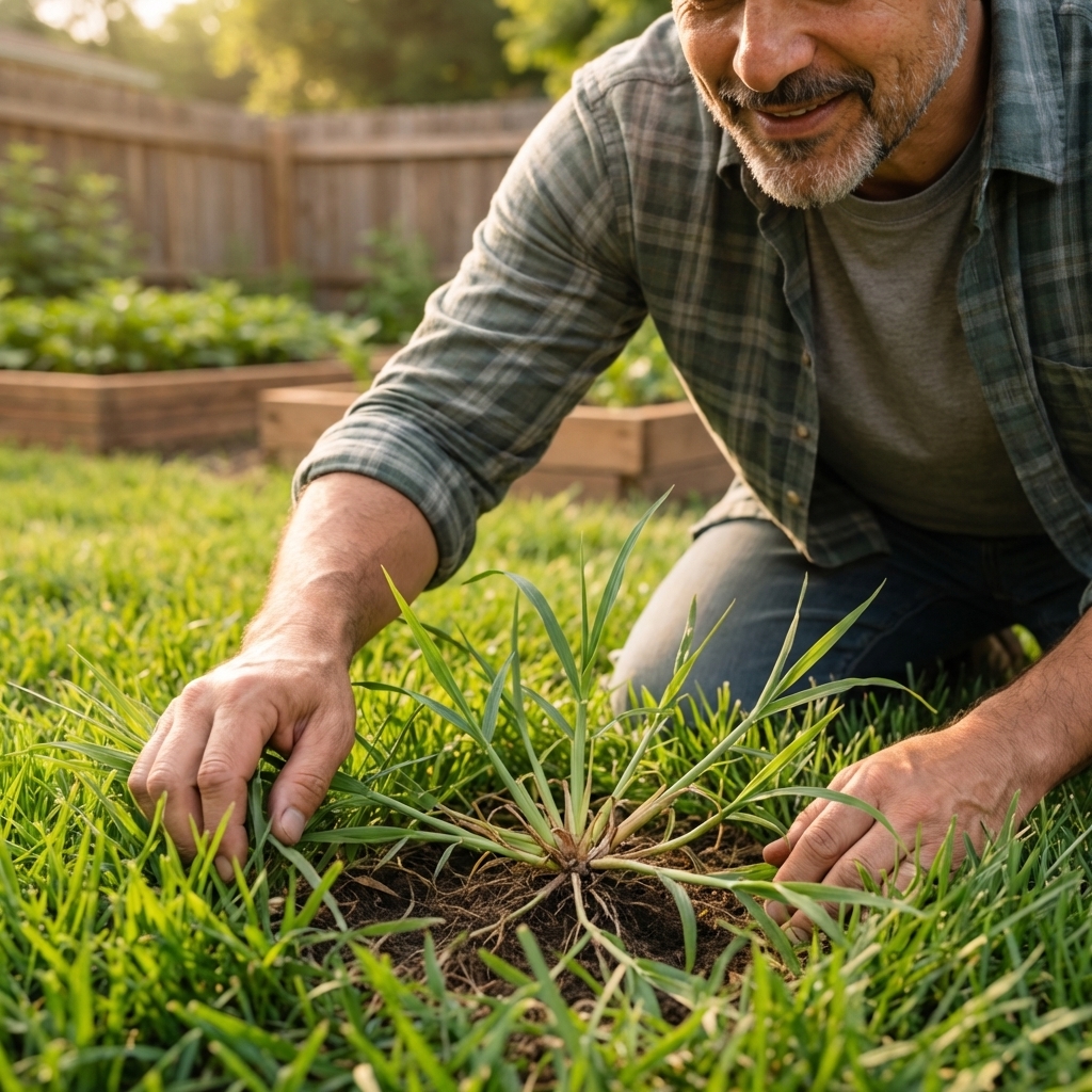 Hand parting turf to reveal a crabgrass plant growing from a central crown