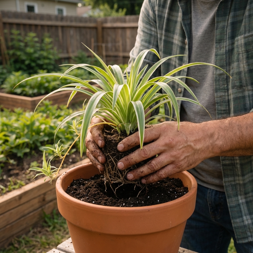 Hands holding a spider plant being placed into a slightly larger pot with fresh potting mix