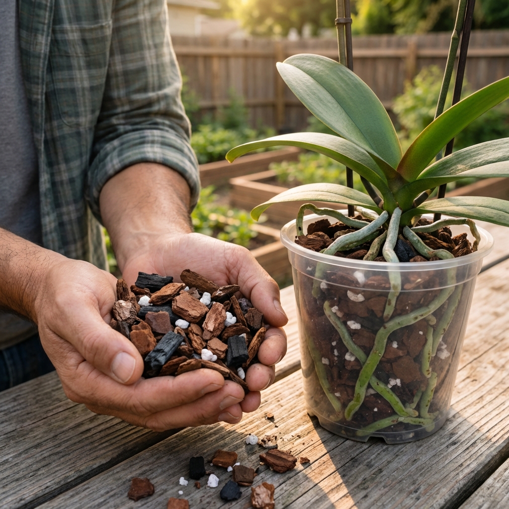 Hands holding chunky orchid bark mix next to an orchid in a clear plastic pot with visible roots