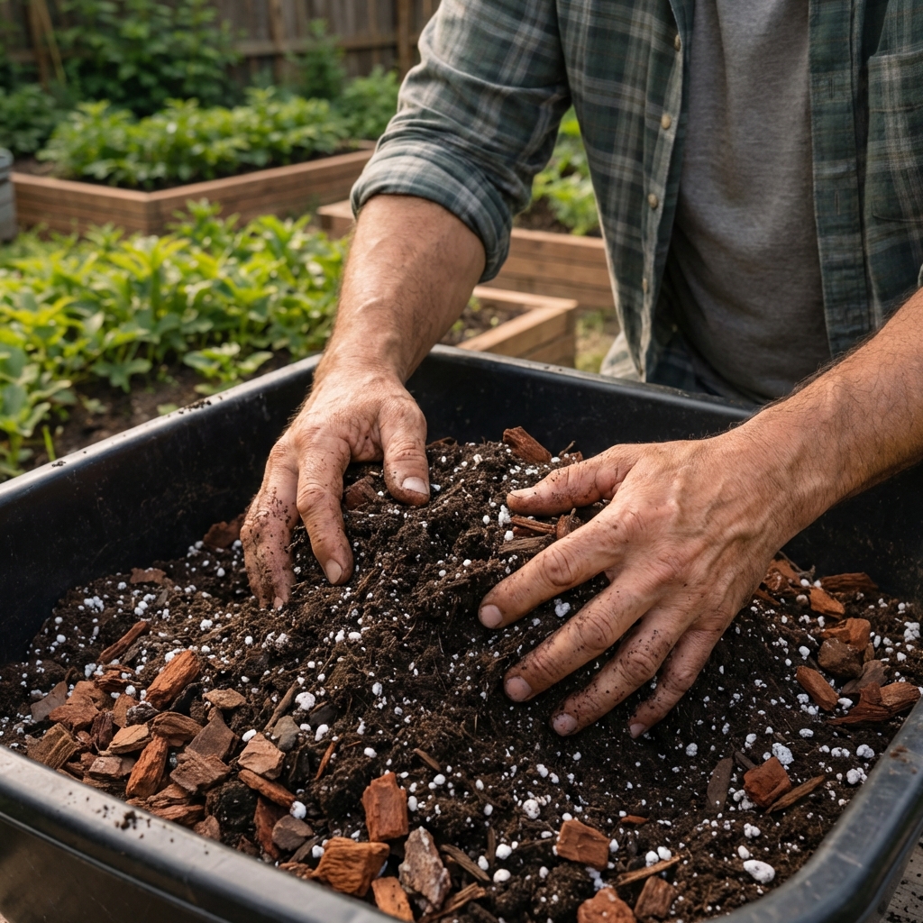 Hands mixing potting mix with perlite and orchid bark