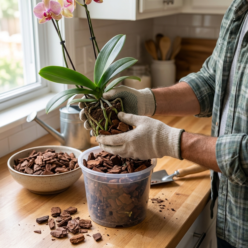Hands repotting a Phalaenopsis orchid into a clear pot with fresh chunky bark on a kitchen counter