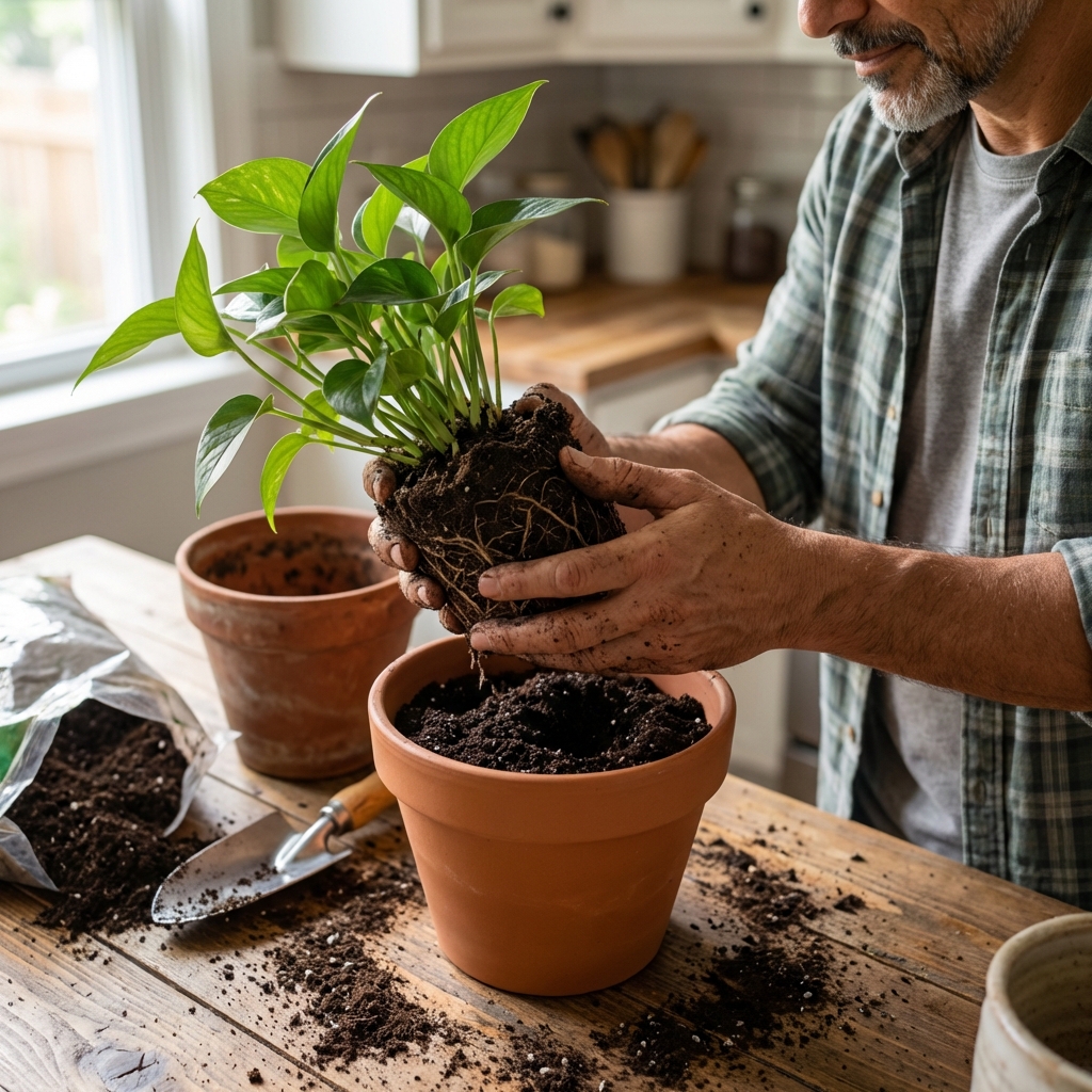 Hands repotting a houseplant into fresh potting mix on a countertop