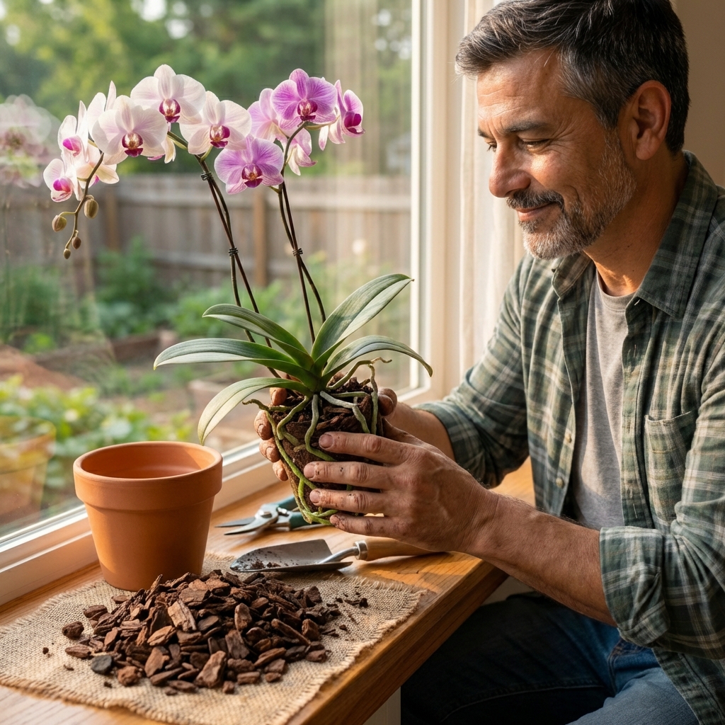 Hands repotting a phalaenopsis orchid at a table with fresh bark mix and a clean pot nearby