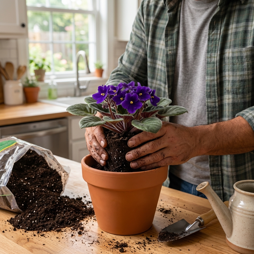 Hands repotting an African violet into fresh potting mix on a kitchen counter