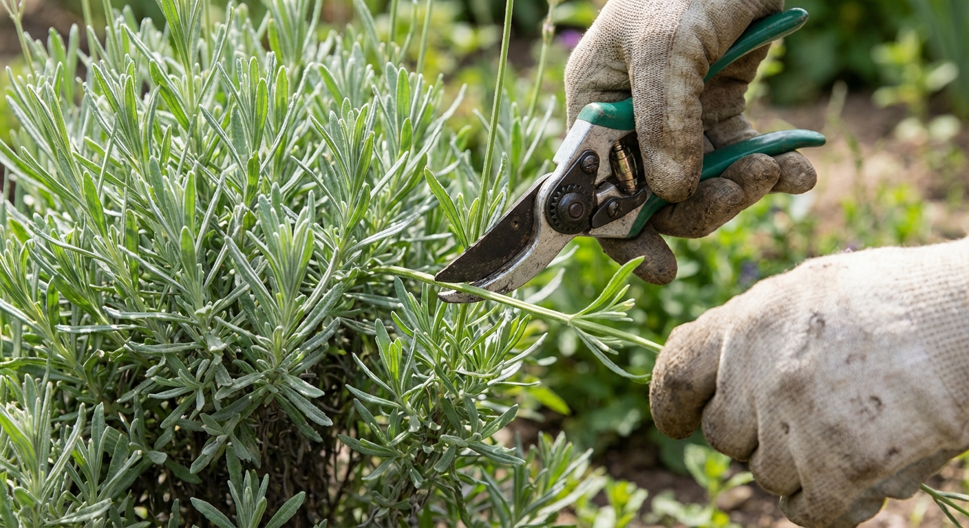 Hands using clean pruning shears to trim green lavender stems just above a leafy node on a mature plant in a garden, close-up, photorealistic