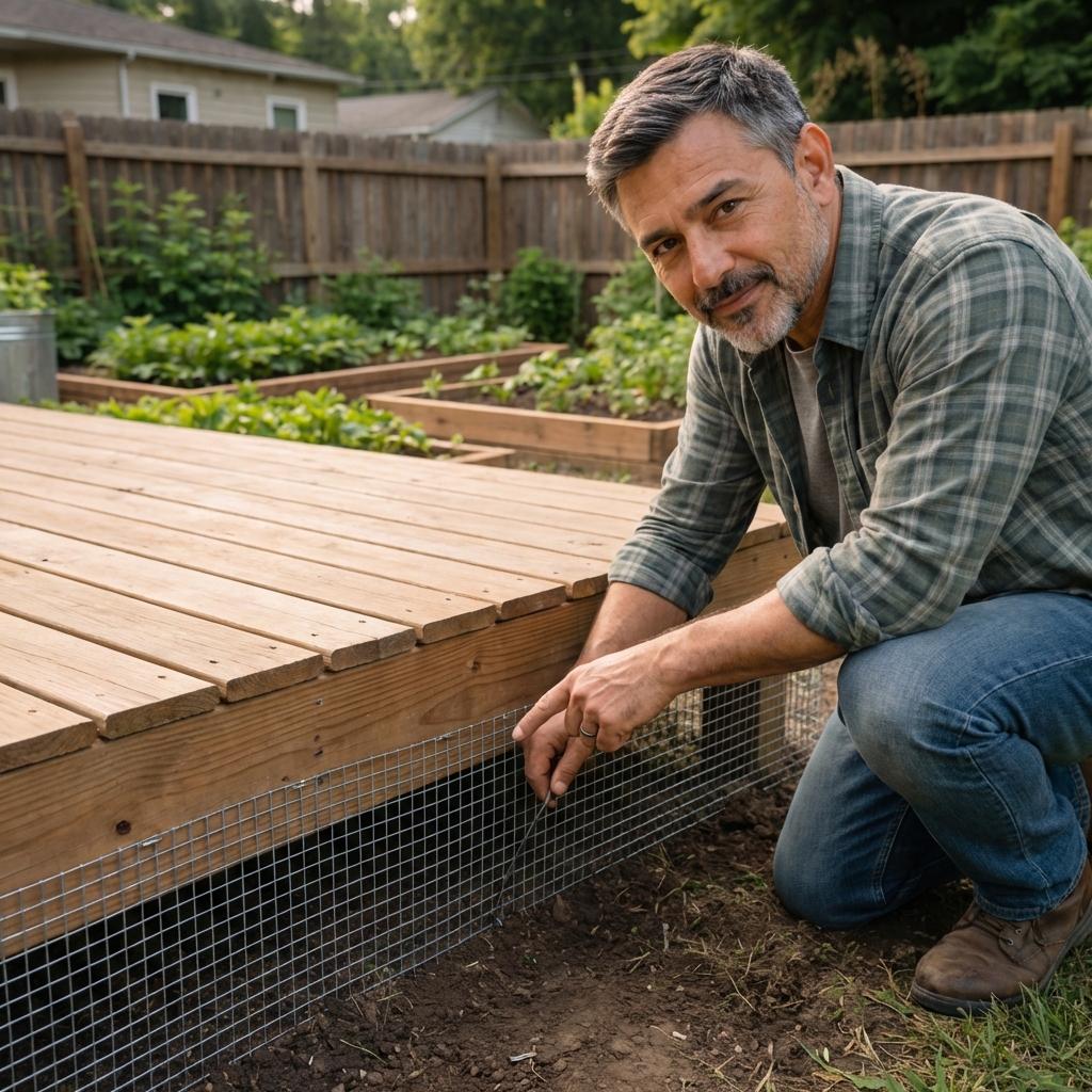 Hardware cloth installed along the bottom edge of a wooden deck to block access under the deck