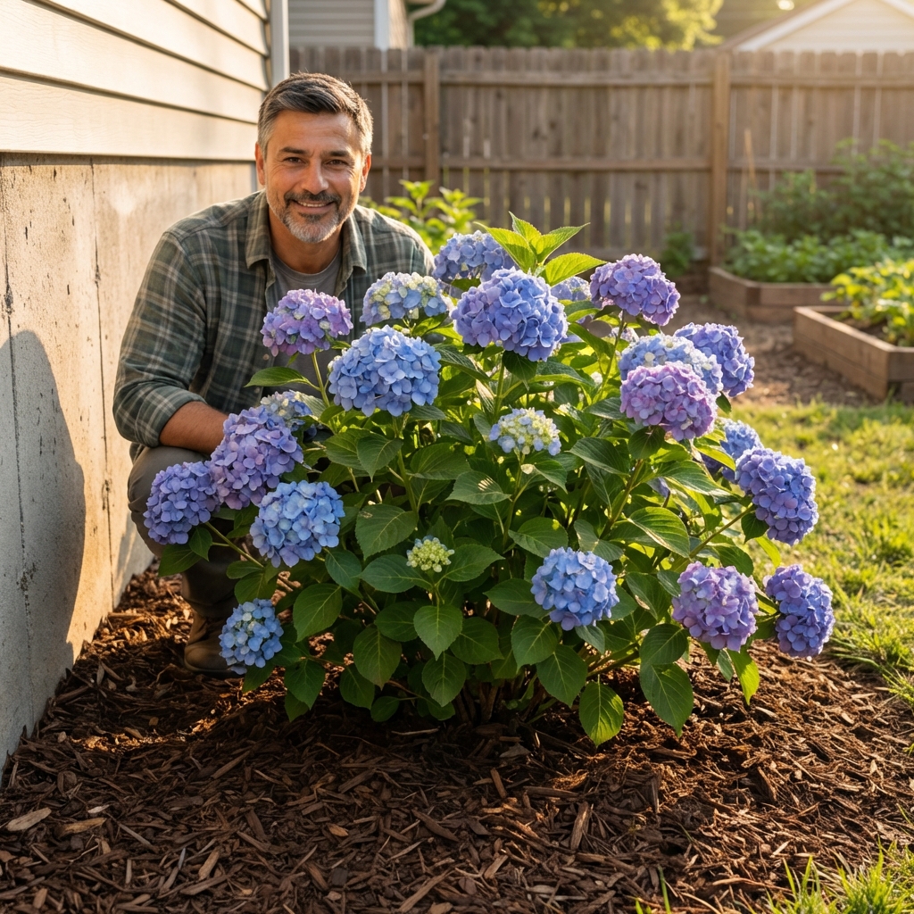 Healthy hydrangea shrub blooming beside a house foundation with mulch around the base in morning light