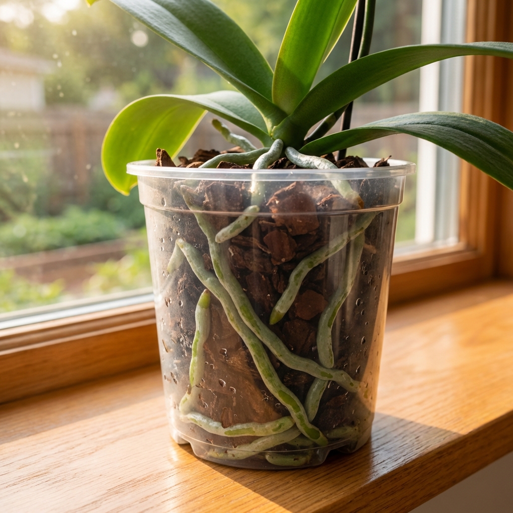 Healthy orchid roots visible through a clear orchid pot sitting by a bright window