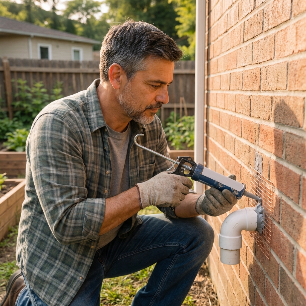 Homeowner sealing a small exterior gap near a pipe using metal mesh and caulk