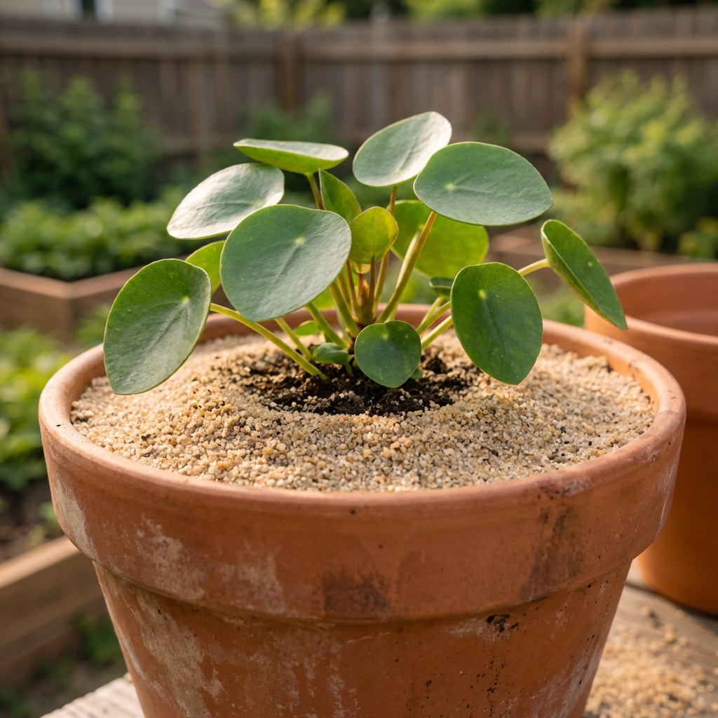 Houseplant pot with a thin layer of coarse sand top-dressing over the soil