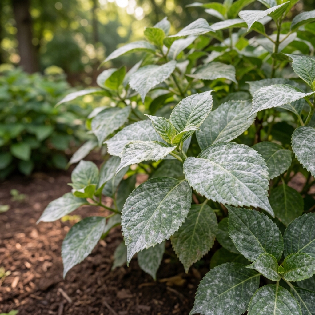Hydrangea leaves with a white powdery mildew coating in a shaded garden