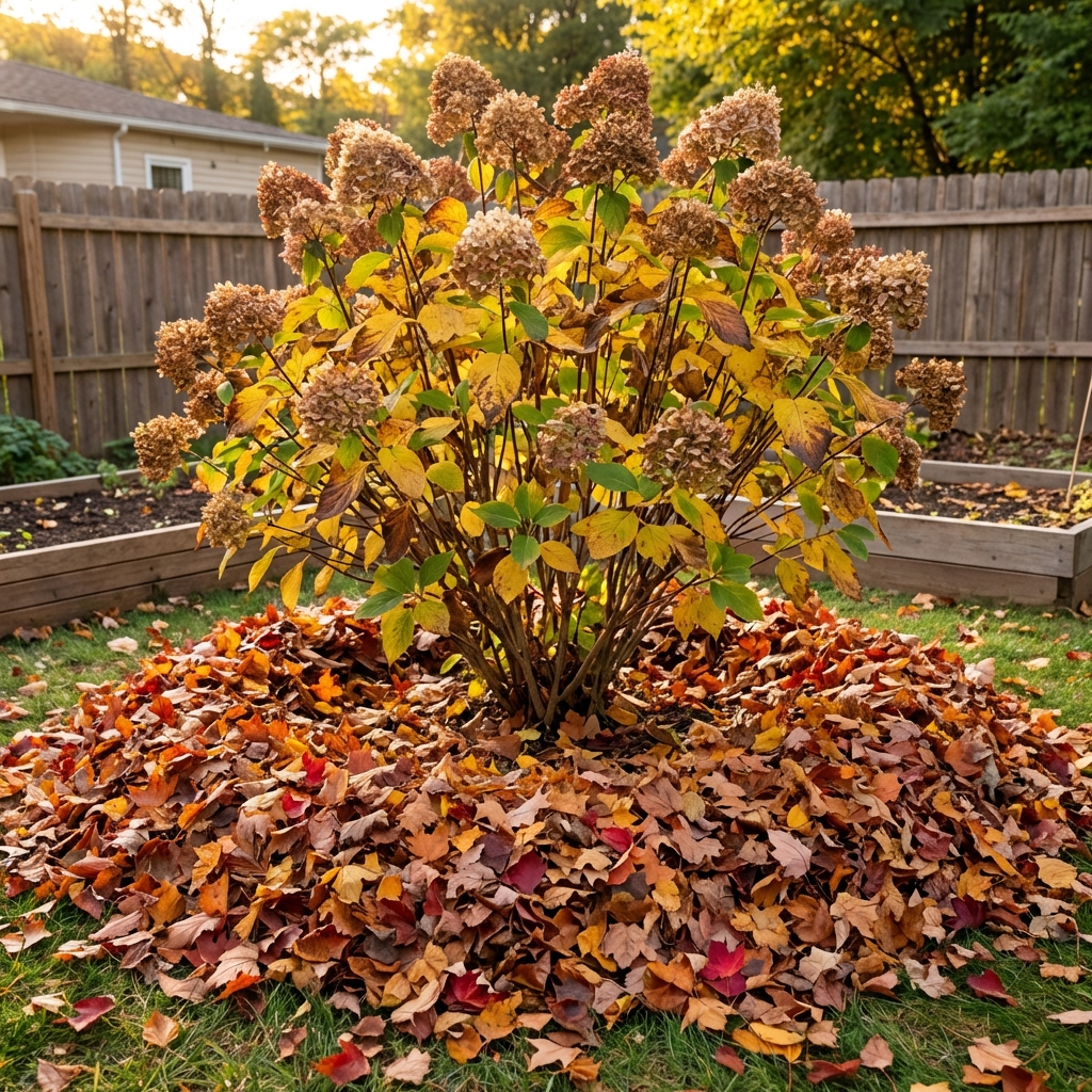 Hydrangea shrub with a wide ring of autumn leaves used as mulch around the base in a suburban garden