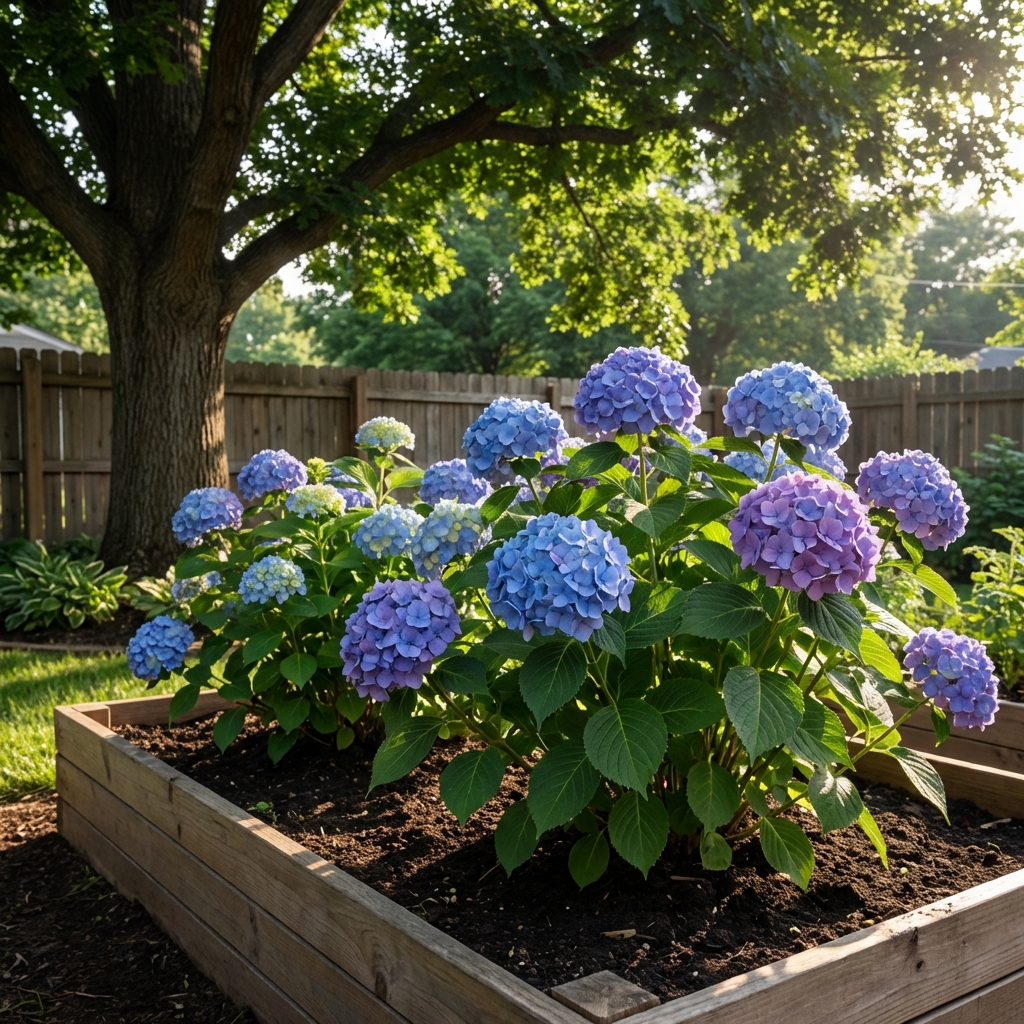 Hydrangeas growing in a garden bed with morning sun and afternoon shade from a nearby tree